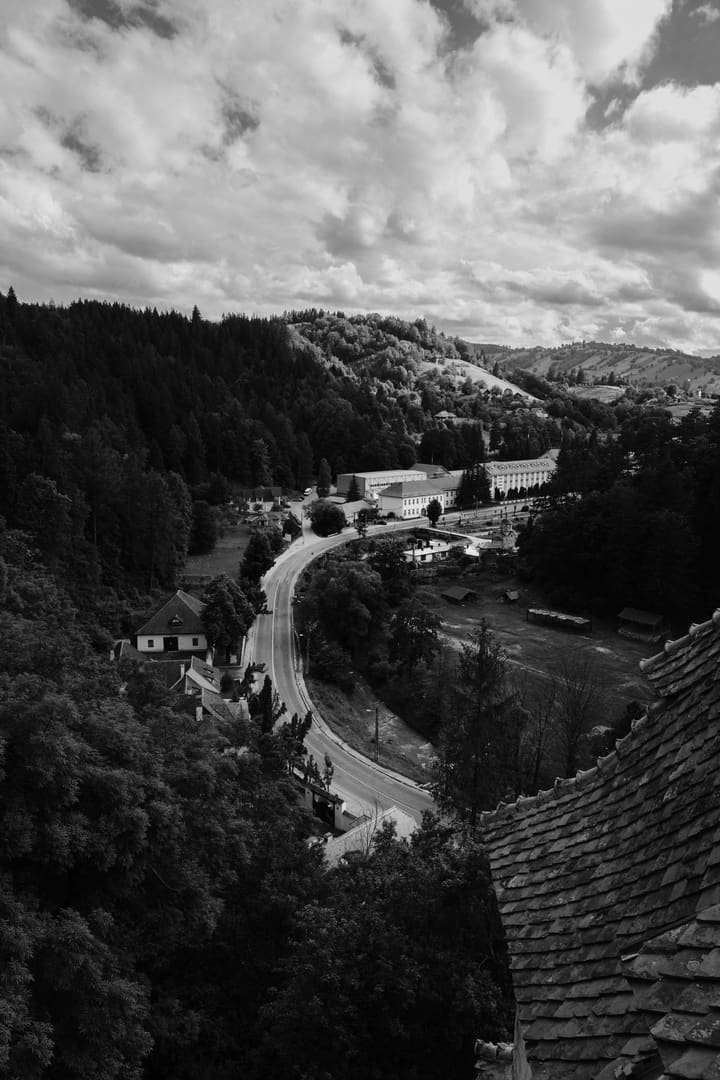 aerial view of winding valley road