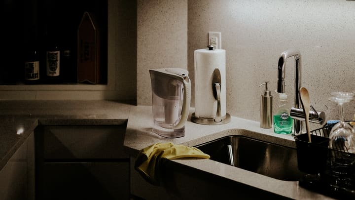 kitchen counter with water pitcher